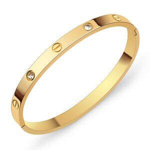 18K Gold Plated Bangle with Zircon Stones, Screw Motif, Stainless Steel